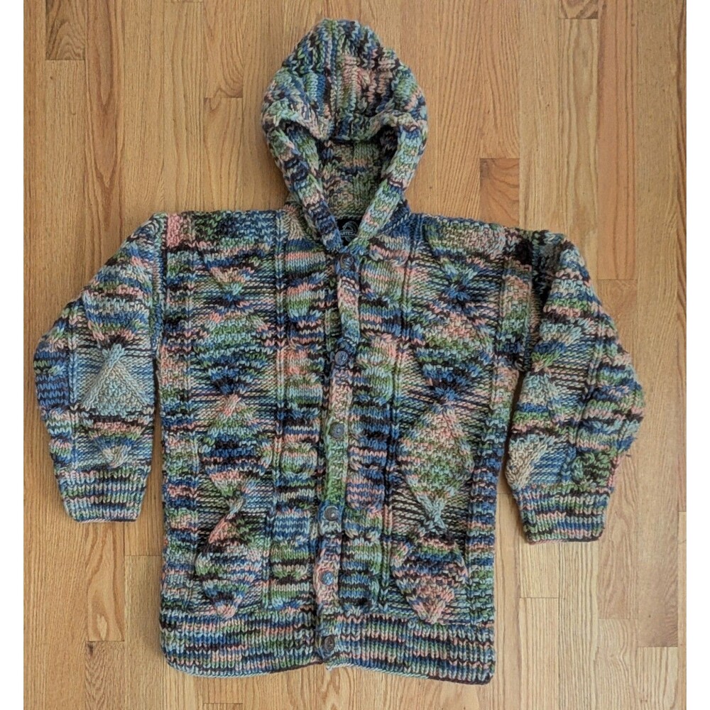 Artesania Wool Hand Knit Cardigan Sweater Hooded Button Medium Chunky Colorful